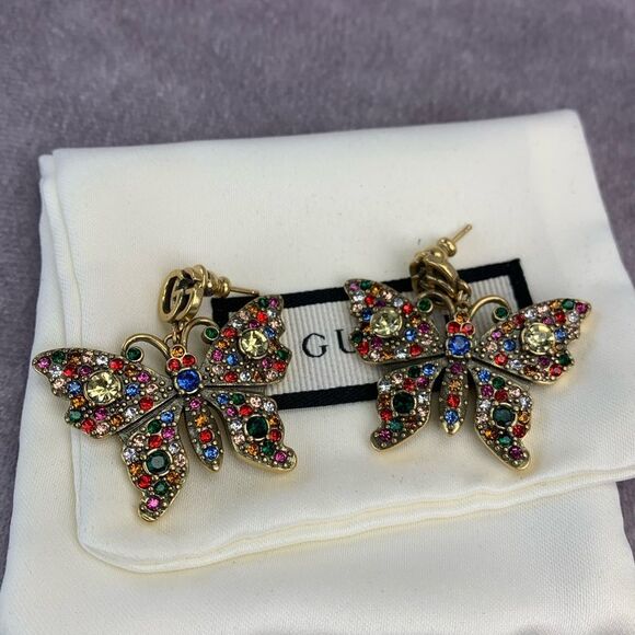 Gucci Multi Color Crystal Goldtone Butterfly Gg Earrings - Picture 4 of 7